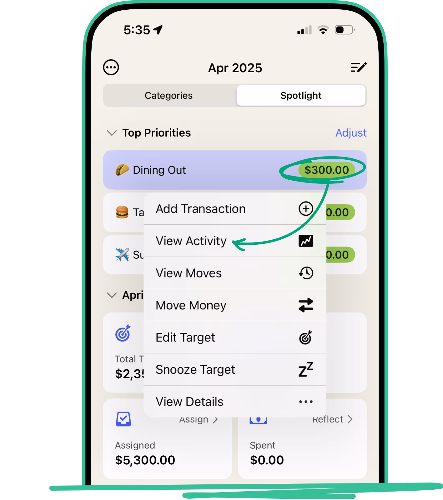 A screenshot of the spotlight area of the YNAB mobile app. An arrow from the amount in the dining out category points to a menu option called View Activity
